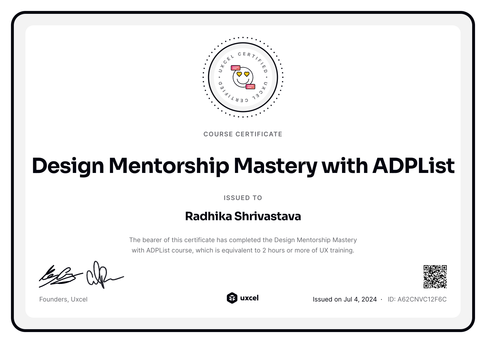 Radhika Shrivastava's certificate